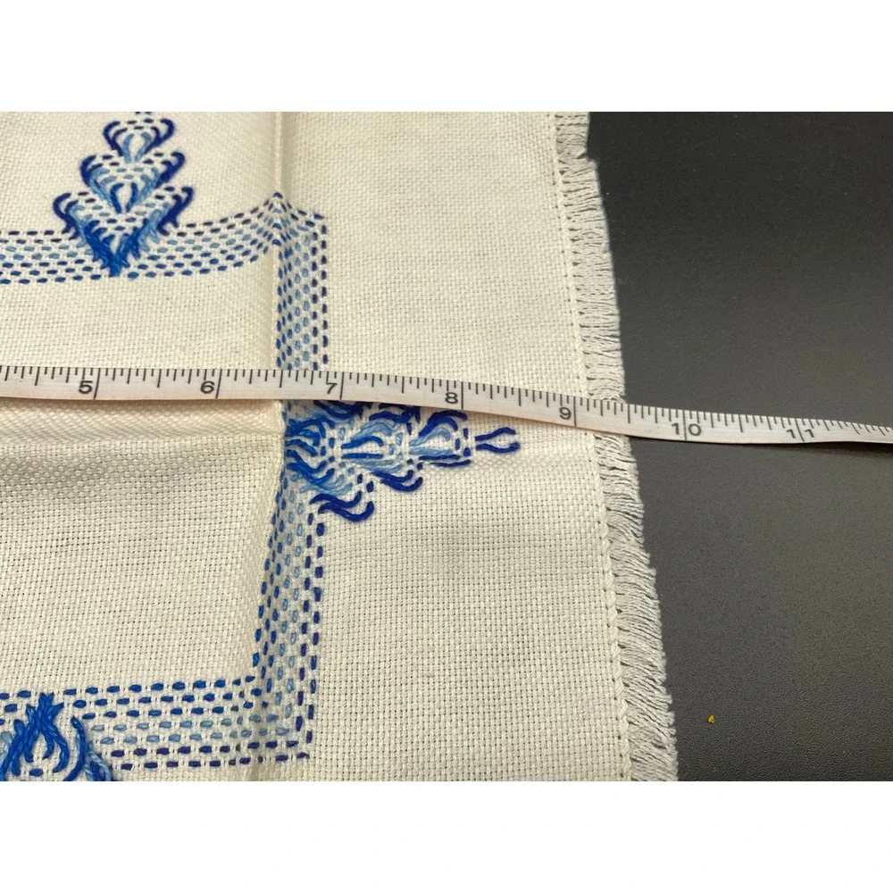 1950s Hand-Embroidered Korean Doily Pair with Blue Motif, Cottage Industry Label